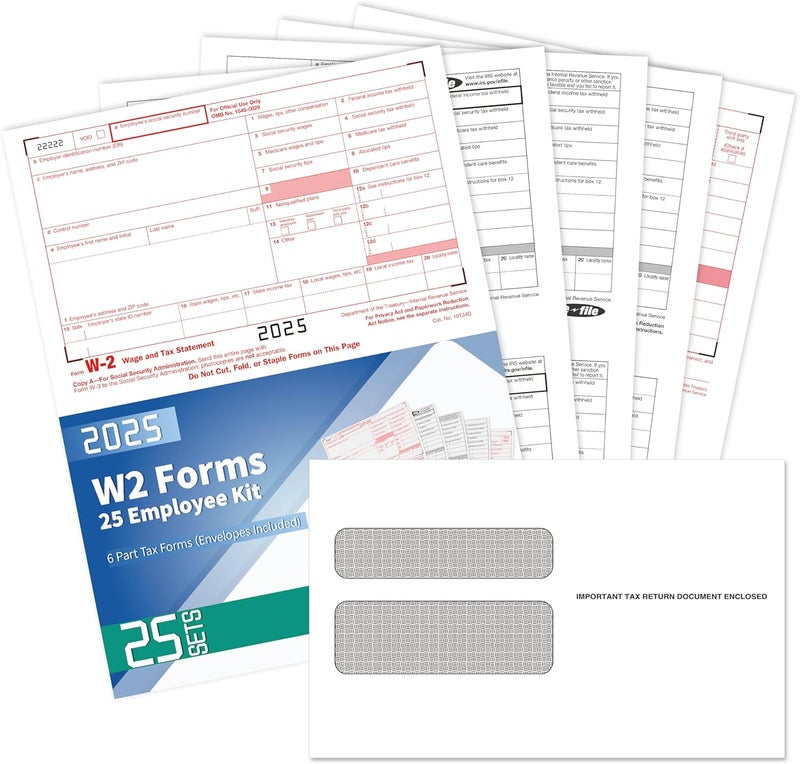Yeplan W2 Tax Forms 2025 with Envelopes, 6 Part Tax Forms 2025, 25 Employee Kit of Laser Forms with 3 W3, with 25 Self Seal Envelopes - Image 1